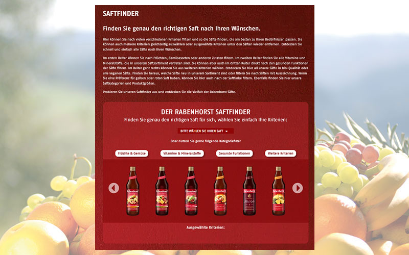 Rabenhorst Saftfinder empfiehlt für den individuellen Genuss oder gewünschte Funktionen den passenden Saft