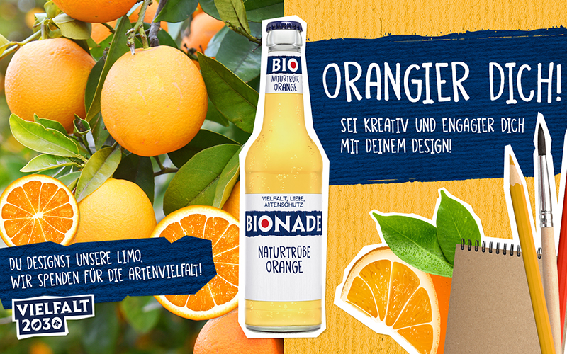 Kreative Köpfe aufgepasst: Bio-Pionier lässt Artenschutz-Sonderetikett für BIONADE Naturtrübe Orange gestalten