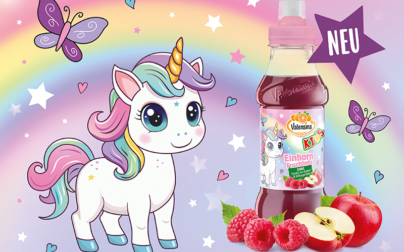 Einhörner im Trend: Valensina erweitert KIDS-Sortiment um Einhorn Fruchtmix Apfel-Himbeere